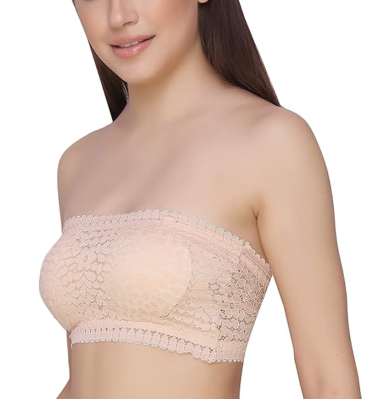 GLAMORAS Women’s Lace Tube Bra – Cotton Nylon Spandex, Padded, Wire-Free, Full Coverage with Back Hook